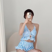 Striped White Blue Pattern Women Summer Bikini Two Piece Swimsuit - Thumbnail 4