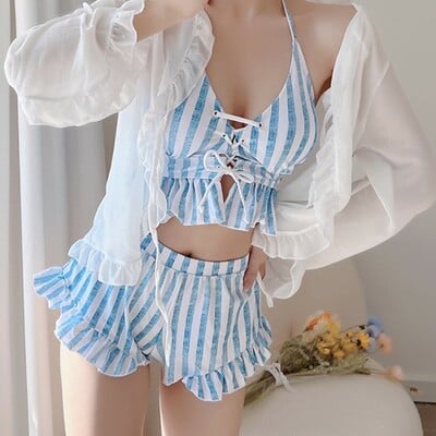 Striped white blue pattern women summer bikini two piece swimsuit - Thumbnail 5