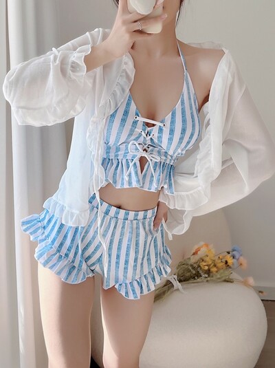 Striped White Blue Pattern Women Summer Bikini Two Piece Swimsuit