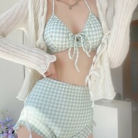 Cute Green Plaid Grid Pattern Women Summer Bikini Two Piece Swimsuit - Thumbnail 1