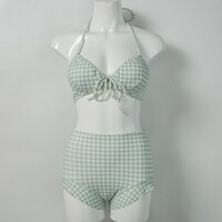 Cute Green Plaid Grid Pattern Women Summer Bikini Two Piece Swimsuit - Thumbnail 5