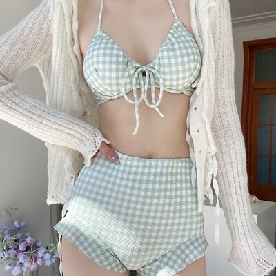 Cute green plaid grid pattern women summer bikini two piece swimsuit - Thumbnail 4
