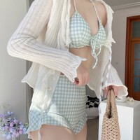 Cute Green Plaid Grid Pattern Women Summer Bikini Two Piece Swimsuit - Thumbnail 2