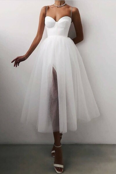 White Tulle Casual Wedding Dress Tea Length,931