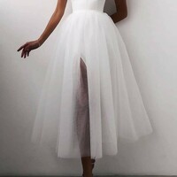White Tulle Casual Wedding Dress Tea Length,931 - Thumbnail 1