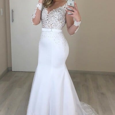 See-through long sleeves wedding gown style with scalloped lace train,932