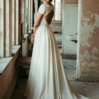 Short sleeves modest wedding dress with hollow back，935