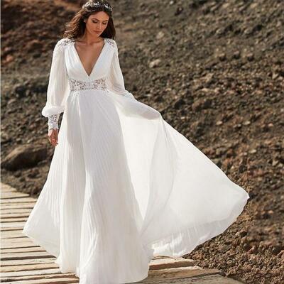 Bohemian chiffon a line wedding dresses puffy sleeve beach bridal gowns，1558 - Thumbnail 2
