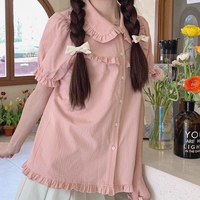 Japanese Cute Summer Spring Girl Sweet Doll Collar Pink Top Shirt - Thumbnail 3