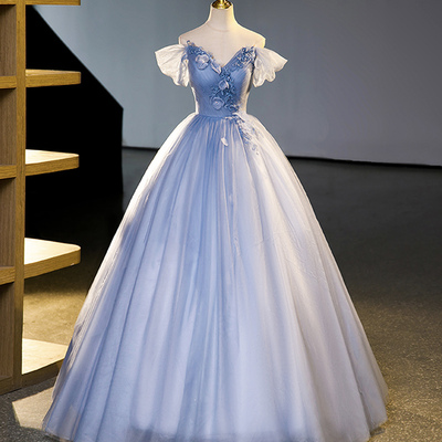 Blue v-neck tulle long prom dress with lace, blue evening dress - Thumbnail 1