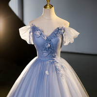 Blue V-Neck Tulle Long Prom Dress with Lace, Blue Evening Dress - Thumbnail 2