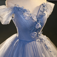 Blue V-Neck Tulle Long Prom Dress with Lace, Blue Evening Dress - Thumbnail 1