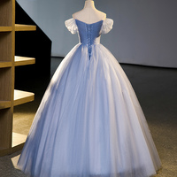 Blue V-Neck Tulle Long Prom Dress with Lace, Blue Evening Dress - Thumbnail 4