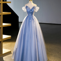 Blue V-Neck Tulle Long Prom Dress with Lace, Blue Evening Dress - Thumbnail 5