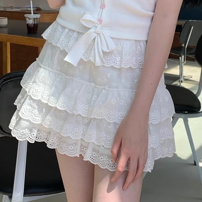 Summer french girl women cute lace flower embroidery short layered white skirt - Thumbnail 5