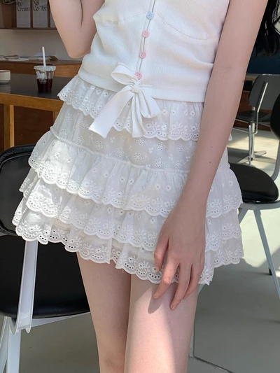 Summer French Girl Women Cute Lace Flower Embroidery Short Layered White Skirt