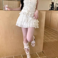 Summer French Girl Women Cute Lace Flower Embroidery Short Layered White Skirt - Thumbnail 1