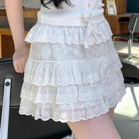 Summer French Girl Women Cute Lace Flower Embroidery Short Layered White Skirt - Thumbnail 4