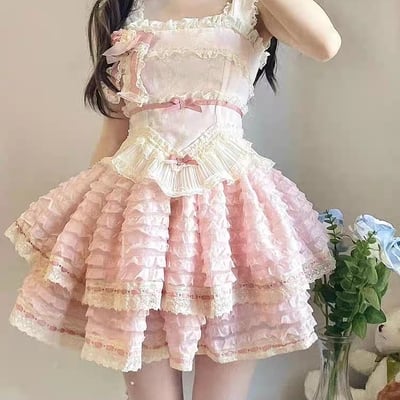 Princess sweet fluff pink flower floral cake chiffon dress