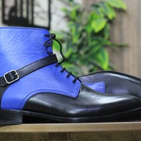 Ankle High Black Blue Leather Boot, Handmade Buckle Lace Up Style Boot For Men's  - Thumbnail 1