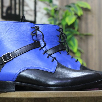 Ankle high black blue leather boot, handmade buckle lace up style boot for men's 