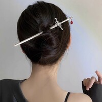 Fantasy Gothic Ancient Sword Girl Silver Red Metal Hairpin Clip Hair Accessories - Thumbnail 2