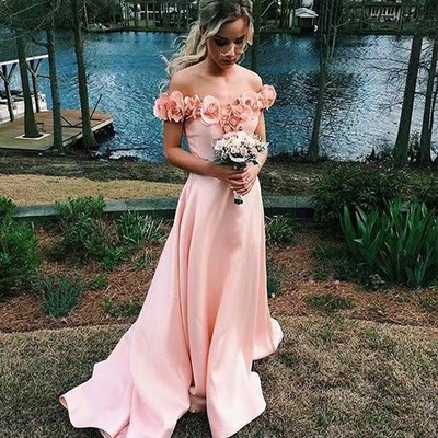 Off shoulder pink prom dresses with 3d flowers - Thumbnail 1