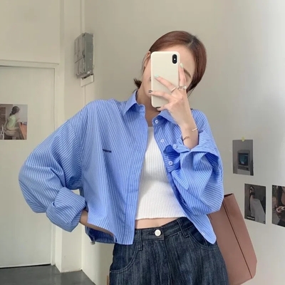 Blue stripe cropped long sleeve shirt 