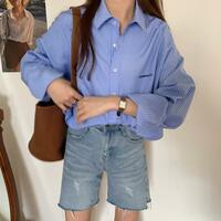 Blue Stripe Cropped Long Sleeve Shirt  - Thumbnail 1