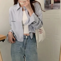 Blue Stripe Cropped Long Sleeve Shirt  - Thumbnail 4