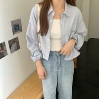 Blue Stripe Cropped Long Sleeve Shirt  - Thumbnail 8