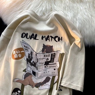 Retro Cat Newspaper Print Short Sleeve T-shirt 