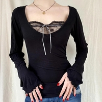 Black Lace Patchwork Long Sleeve Shirt  - Thumbnail 3