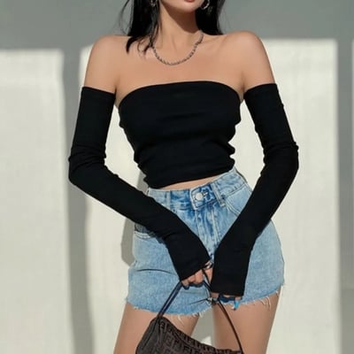 Solid Tube Top With Long Sleeves 