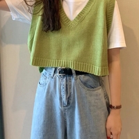 Green V Neck Knit Sweater Vest - Thumbnail 1
