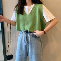 Green V Neck Knit Sweater Vest - Thumbnail 6