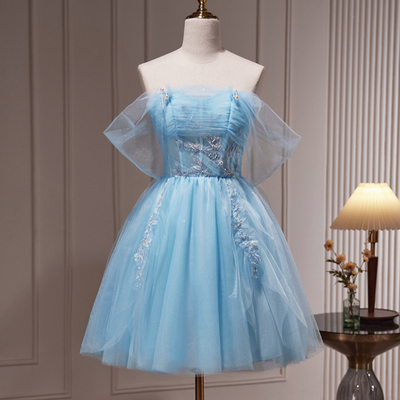 Blue tulle short prom dress, off shoulder evening party dress - Thumbnail 3