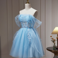Blue Tulle Short Prom Dress, Off Shoulder Evening Party Dress - Thumbnail 2