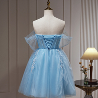 Blue Tulle Short Prom Dress, Off Shoulder Evening Party Dress - Thumbnail 3