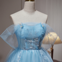 Blue Tulle Short Prom Dress, Off Shoulder Evening Party Dress - Thumbnail 1