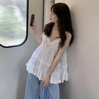 White Ruffle Spaghetti Strap Tank Top - Thumbnail 2