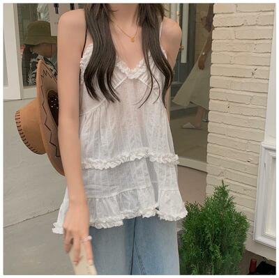 White Ruffle Spaghetti Strap Tank Top