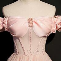 A Line Pink tulle long prom dresses - Thumbnail 2