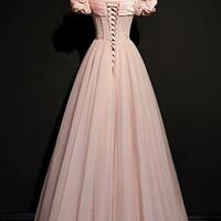 A Line Pink tulle long prom dresses - Thumbnail 1