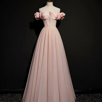 A line pink tulle long prom dresses - Thumbnail 1