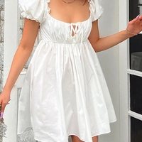 White Puff Sleeve Ruffle Trim Mini Dress - Thumbnail 1