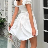 White Puff Sleeve Ruffle Trim Mini Dress - Thumbnail 4