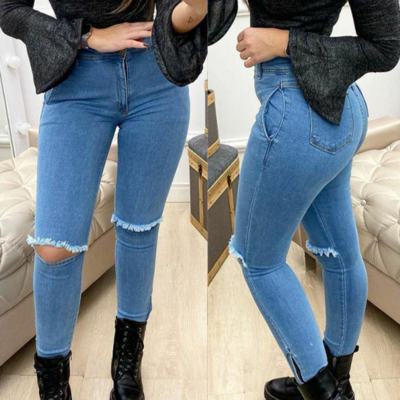 Women's torn zipper stitching jeans