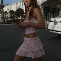 2PCS Pink V Neck Tank Top + Ruched Double Layer Skirt  - Thumbnail 4