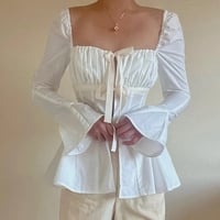 Square Collar Lace Up Flare Sleeve Shirt - Thumbnail 5